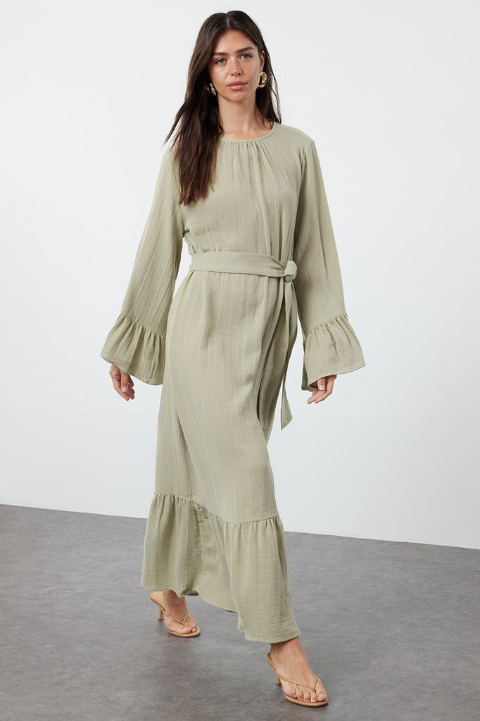 Women's Style Hijab Dress Mint Skirt Ruffled Seersucker Dress