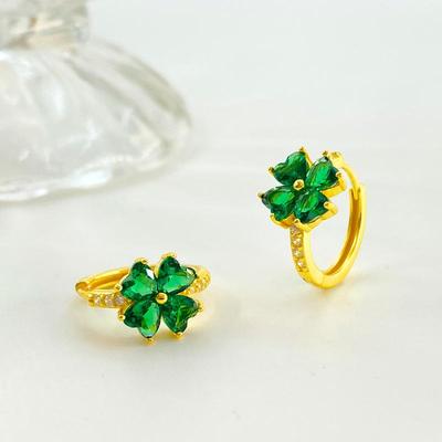 Серьги-кольца из серебра S925 с четырьмя листочками клевера, позолоченные 18-каратным золотом, женские серьги с зеленым кубическим цирконием