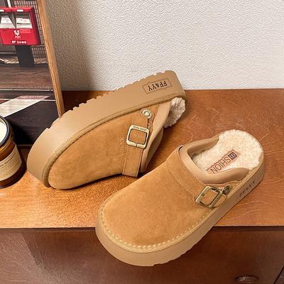 Женские меховые туфли на плоской подошве, замшевые тапочки на платформе, зимние плюшевые хлопковые туфли, шлепанцы с открытой пяткой, тренд 2025 года, Zapatos Mujer