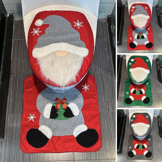 Yousheng Santa Toilet Seat Cover 2-Piece Christmas Bathroom Set Santa Claus Toilet Seat Cover And Mat Set for New Year Indoor Bathroom Decor