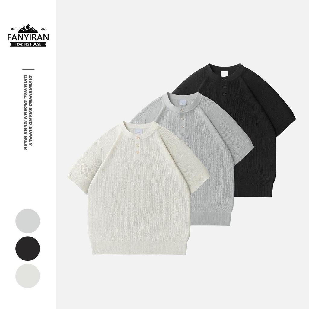 Мужская летняя ретро вязаная футболка-henley GOPUDO - Дышащий однотонный топ с коротким рукавом