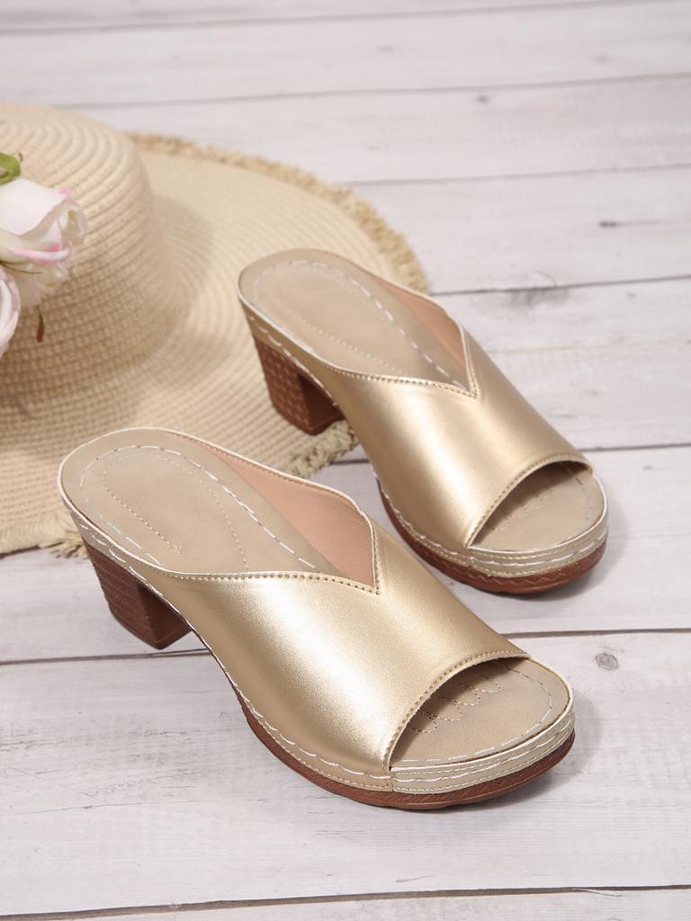 2025 Summer New Fashion High Heel Thick Heel Fish Mouth One-word Drag Women, European and American Large Size Thick Heel Cool Slippers Women