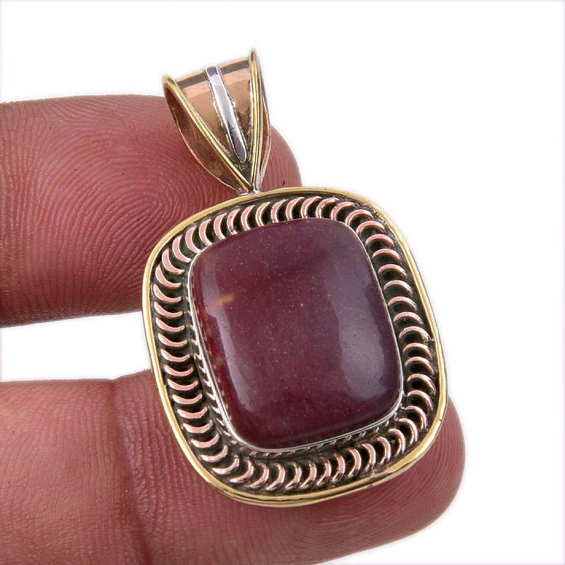 Natural Mookaite Gemstone 925 Solid Sterling Silver Two Tone Pendant 1.50" Q5S37