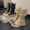 Fashion Canvas Chunky Platform Women's Boots Autumn Winter Lace-Up Zipper Motorcycle Boots Woman Thick Bottom Non-Slip Ankle Booties