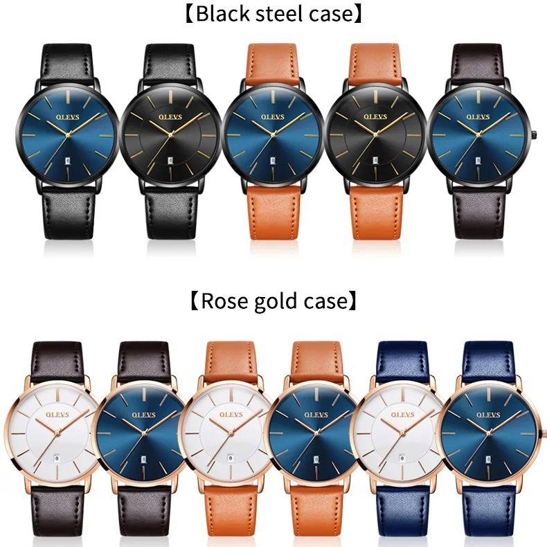 Original OLEVS Quartz Watch for Men Waterproof Men's Watch 6.5mm Ultra Thin Date Leather Strap Wristwatch Men Business Watch