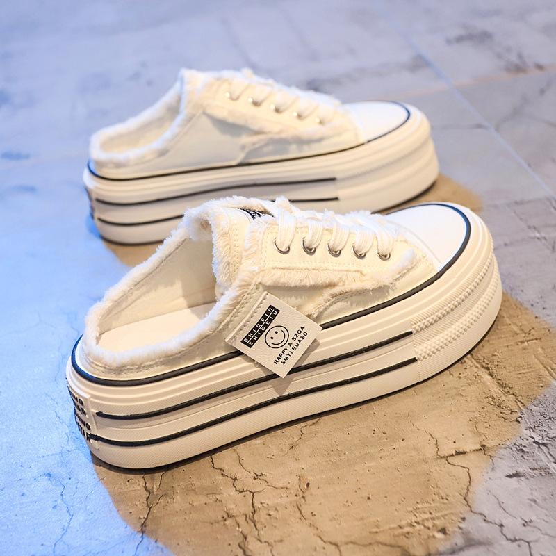 Baotou slippers women's summer wear 2024 new canvas shoes without heel half support, Internet celebrity lazy half drag, thick-soled sandals