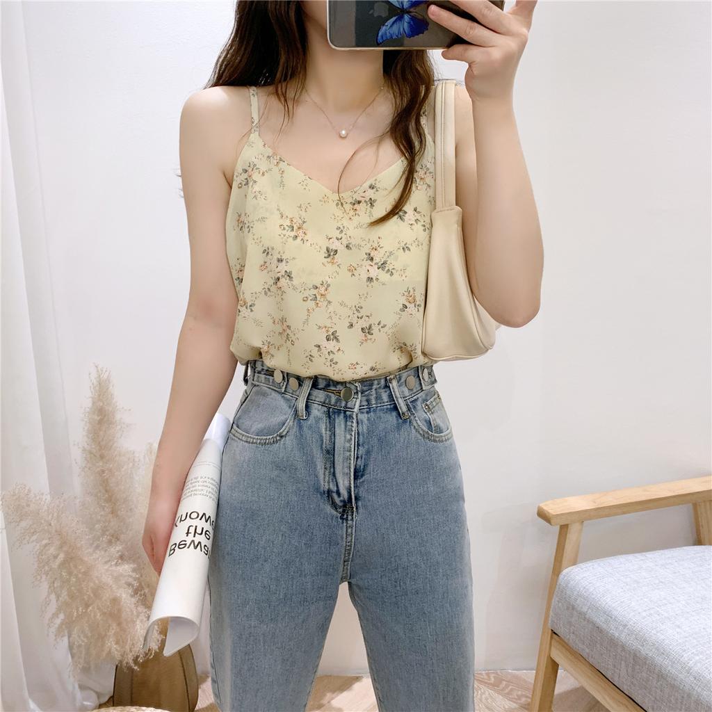 Floral Halter Vest Women's New Summer V-neck Double-layer Base Shirt with Loose and Thin Chiffon Top