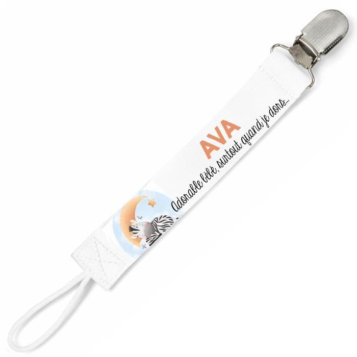 Planetee Attache tétine pour prénom AVA adorable bébé surtout quand je dors Zèbre | Attache sucette cadeau naissance