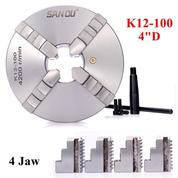 K12-100 SANOU 100мм Токарный патрон 4-кулачковый самоцентрирующийся патрон Закаленный реверсивный инструмент Серебристый Новый