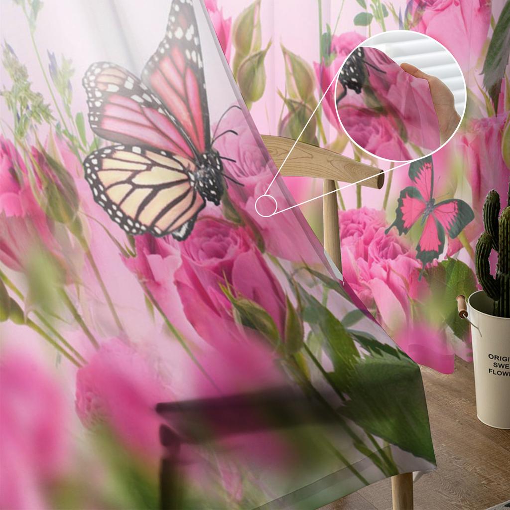 Flowers Butterfly Rose Sheer Curtains for Living Room Decoration Window Curtains for Kitchen Tulle Voile Organza Curtains