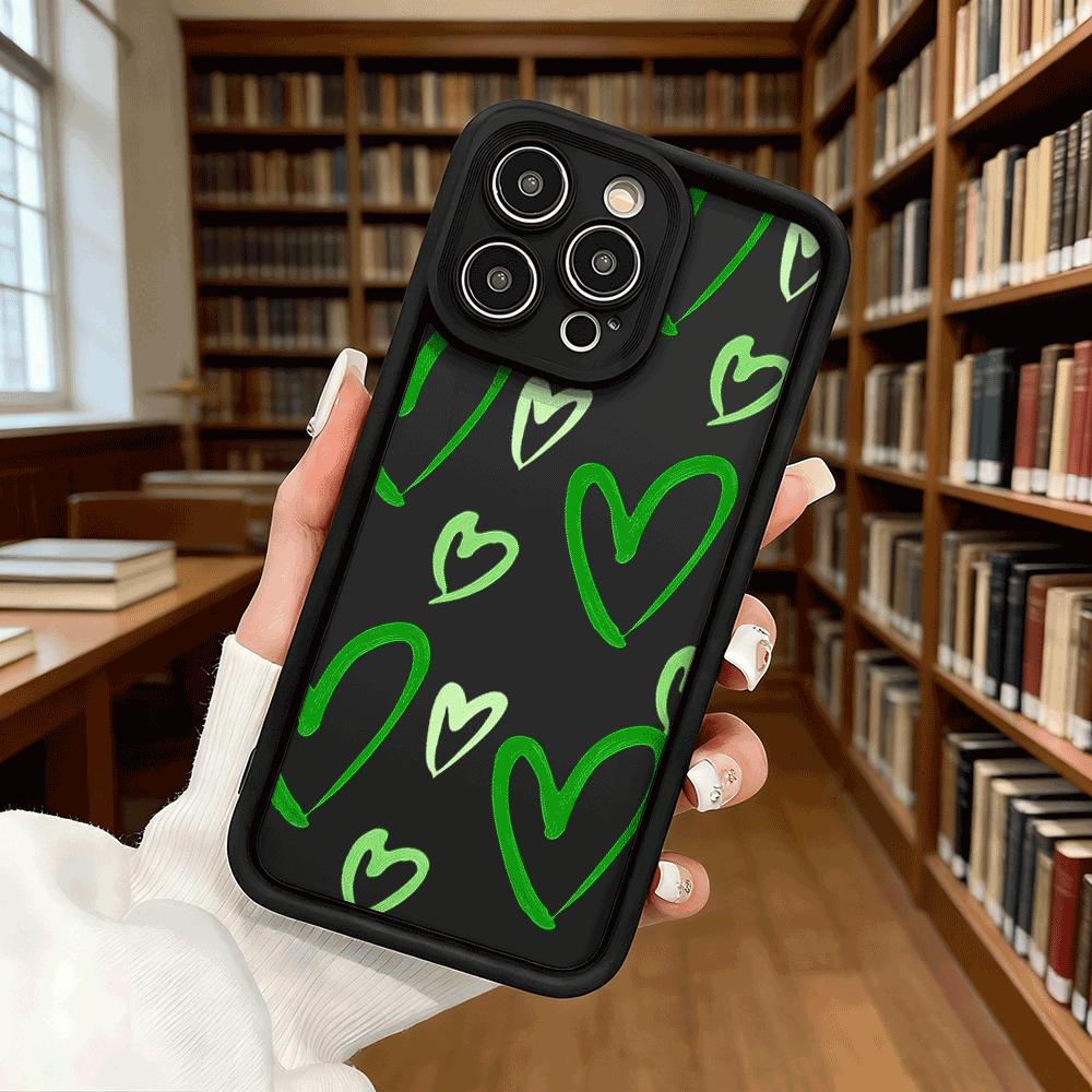 Green Heart Pattern Phone Case for iPhone 17 16 15 14 13 12 11 Pro Max Plus Anti Scratch, Gel Flexible Protective