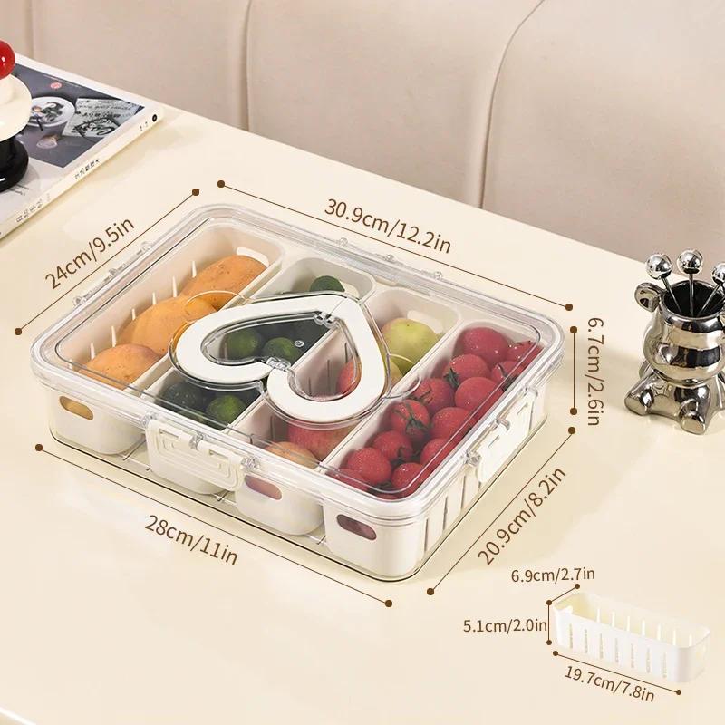 Portable Snackle Box Fruit Storage Containers for Fridge Divided Serving Tray with Lid & Handle for Travel Picnic Candy Party