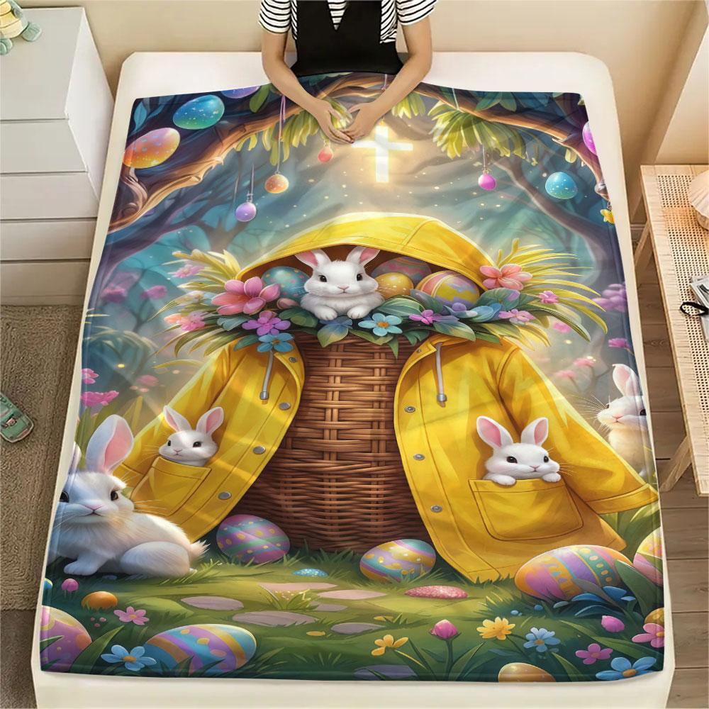 1Pc Easter Egg Print Flannel Blanket, High quality Comfortable for All Seasons, Home Decor, Warmth and Comfort, Perfect for Christmas Gifts