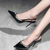Summer New Patent Leather High Heels Thin Heel Pointed Rhinestone Temperament Single Shoes Black Bag Head Sandals Women