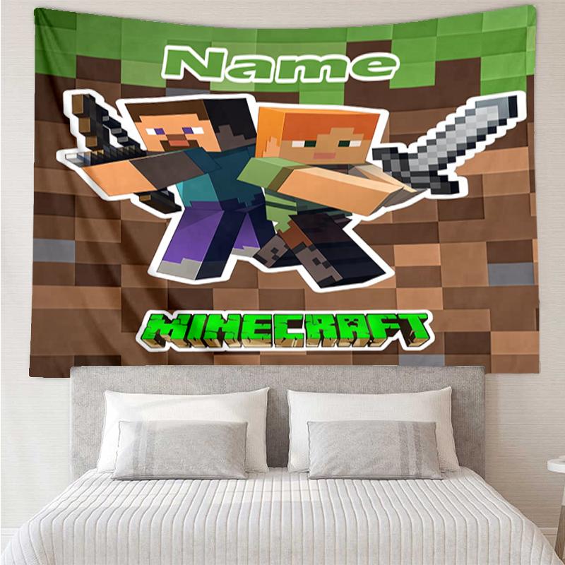 Custom Name Minecraft Print Tapestry, Backdrop, Easy Setup, Ideal for Bedroom, Office & Living Room, with Aesthetic Wall Hanging Decor.