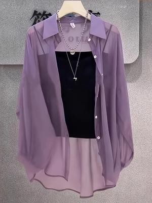 Однотонная свободная рубашка на пуговицах спереди, повседневная прозрачная тонкая рубашка с длинными рукавами на весну и осень, женская одежда