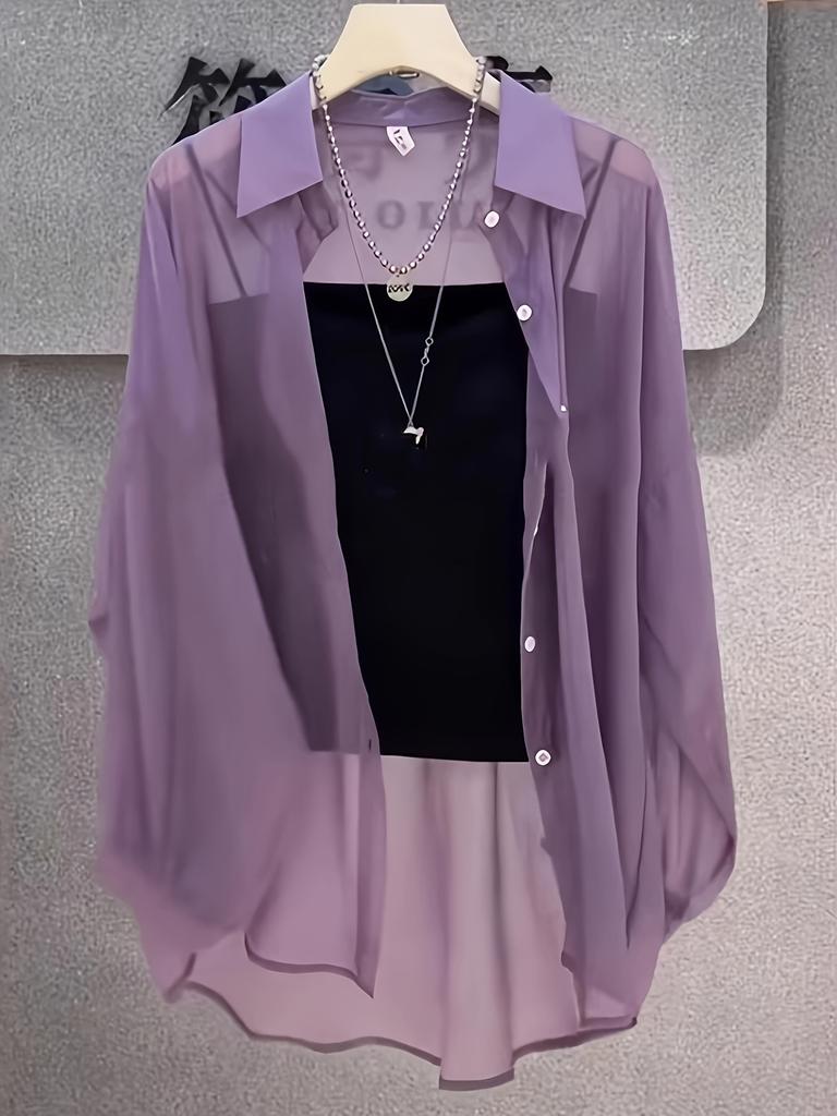 Однотонная свободная рубашка на пуговицах спереди, повседневная прозрачная тонкая рубашка с длинными рукавами на весну и осень, женская одежда