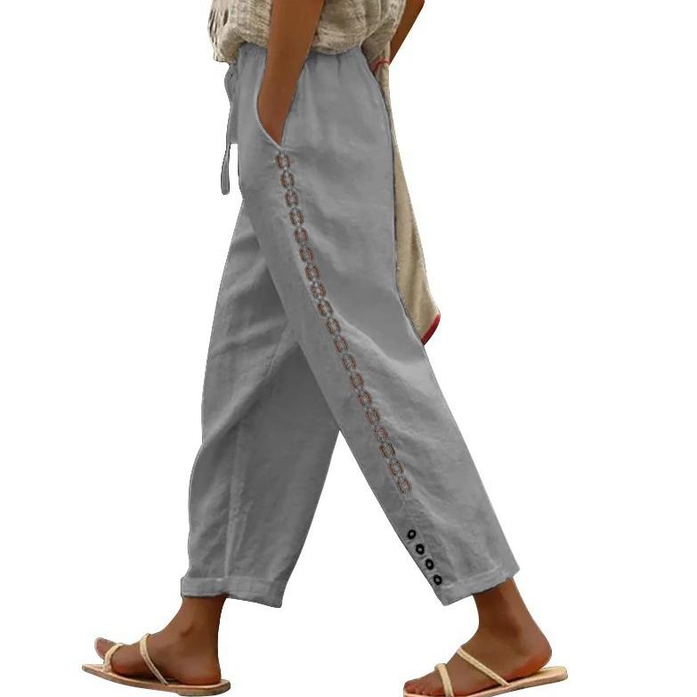 Женские хлопковые льняные шаровары, летние свободные полые брюки с кружевной строчкой, женские винтажные широкие брюки до щиколотки