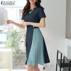 Women Summer Round Neck Short Sleeve Casual Patchwork Dress
