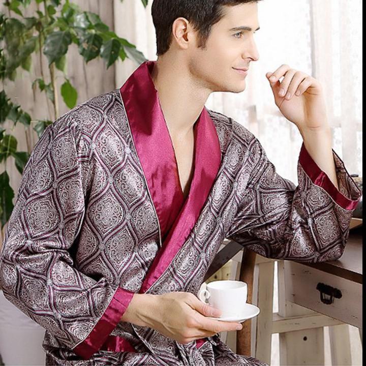 Свободный халат с v-образным вырезом, одежда для сна, весеннее мужское атласное кимоно для отдыха, ночная рубашка, халат, ночная рубашка, мужское платье с принтом, Золотая домашняя одежда