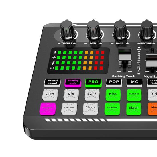 1 комплект микрофонной звуковой карты с 3 портами для прямых трансляций. Система подкастов начального уровня с поддержкой Bluetooth. Профессиональный микшер.