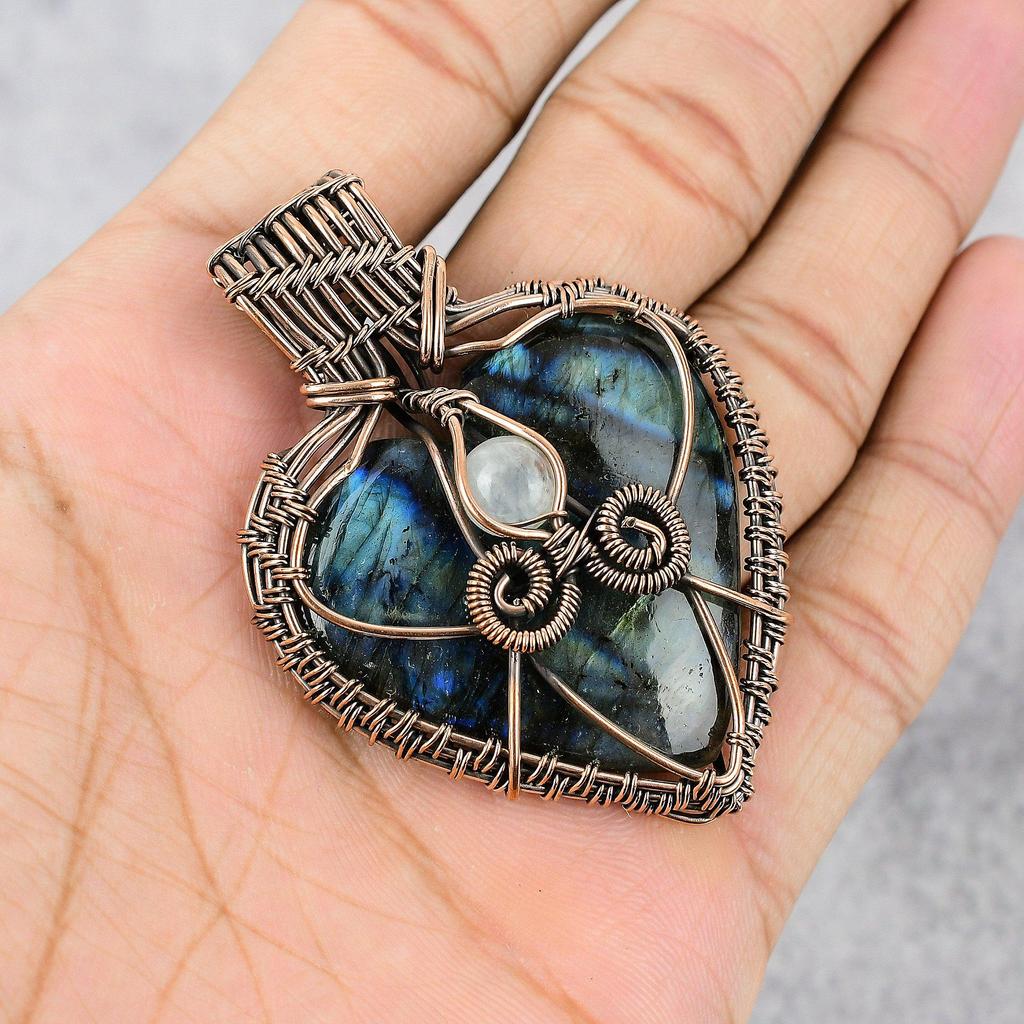 Labradorite Pendant, Handmade Gemstone 999 Copper Wire Wrapped Pendant Antique Jewelry, For Gift Silver Jewelry