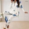 Women Plus Size Blue White Printed Half Zip Long Sleeve Top And Long Pants Two Piece Set