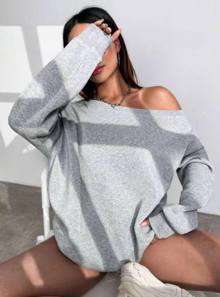 2025 Autumn Off-Shoulder Long-Sleeve Pullover Sweatshirt - Casual American Style for Women