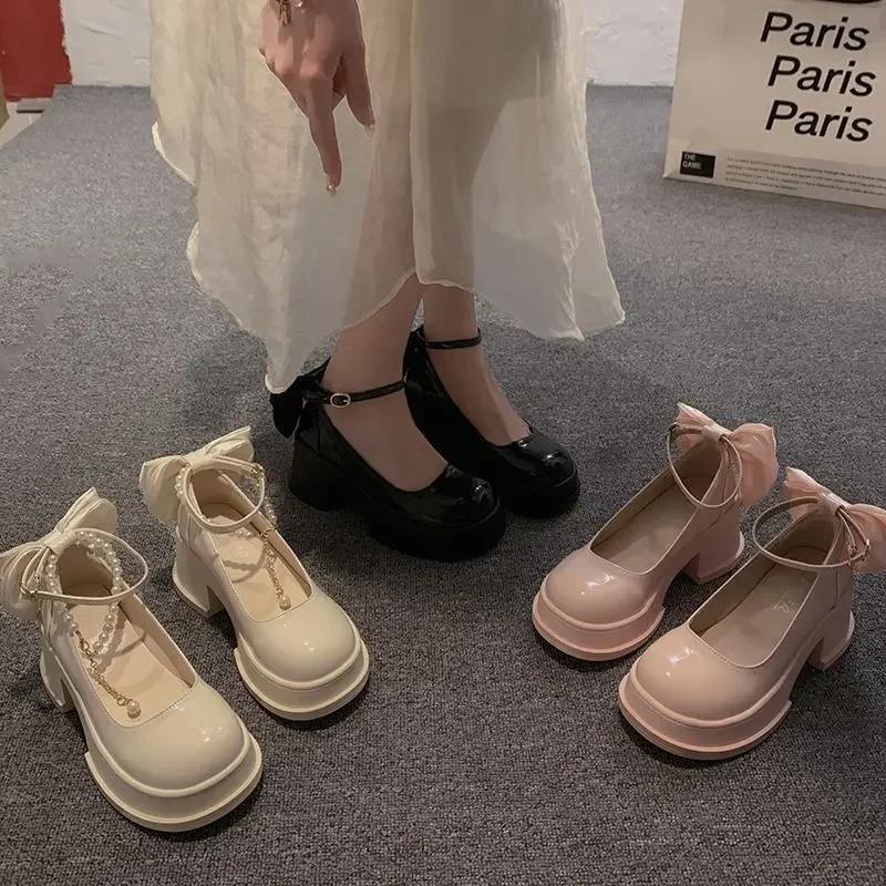 Модная женская обувь на плоской подошве в японском стиле Весна 2025 Новые милые универсальные туфли Мэри Джейн с бантом и большим каблуком из маленькой кожи