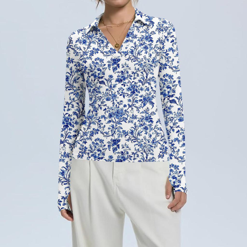 Женская Мода Повседневный Принт V-образный Вырез Длинный Рукав Застежка на Пуговицы Топ