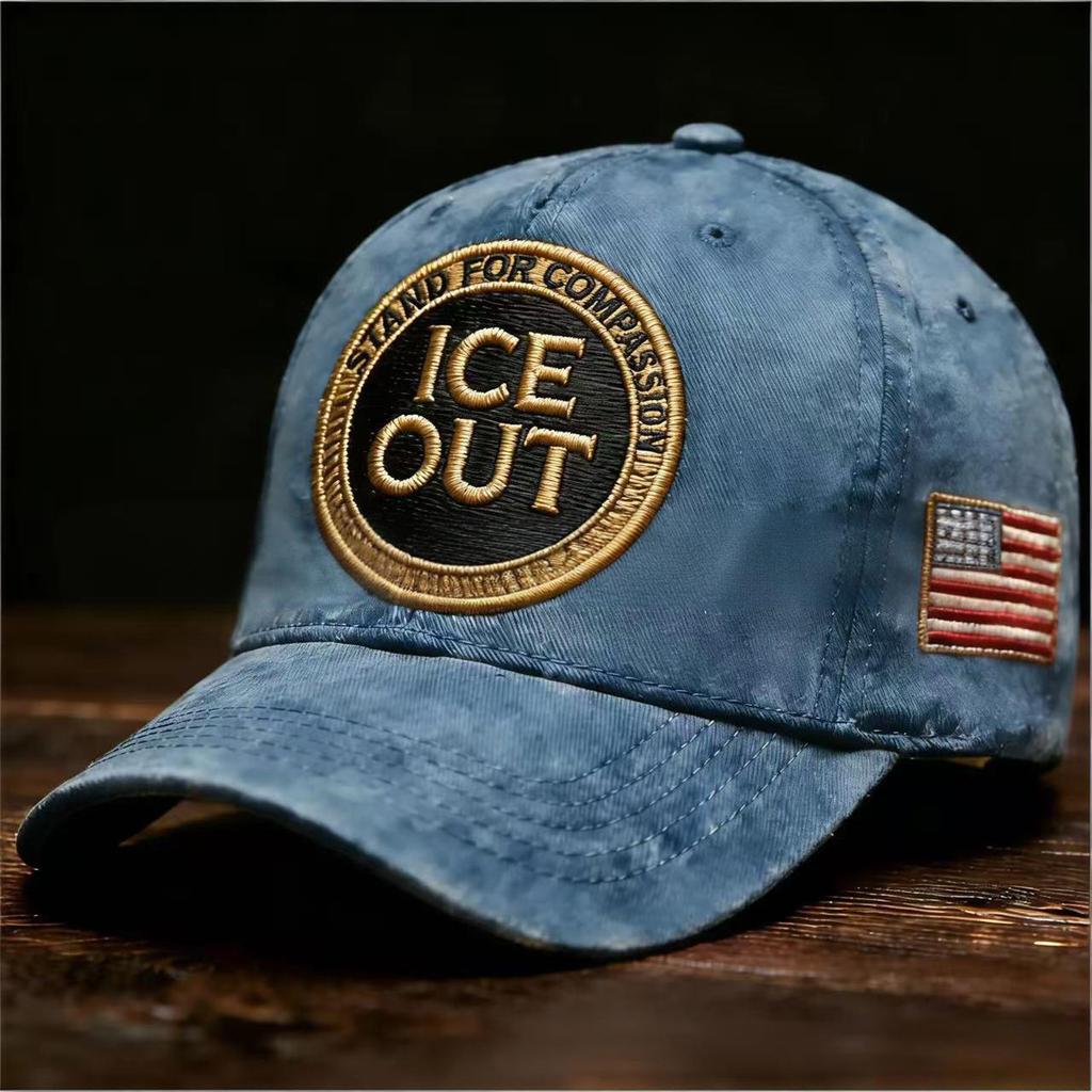 ICE Out Embroidered Baseball Cap Stand For Compassion Kindness Vintage Distressed Hat With American Flag Detail