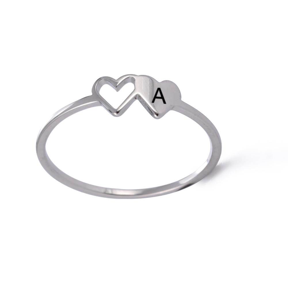 Initial Letter Rings for Women Girls Double Hearts Stainless Steel Finger Rings Fashion Jewelry Couple Friends Gift
