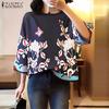 Women Fashion Lace Round Neck 3/4 Sleeve Floral Print A-Line Blouses