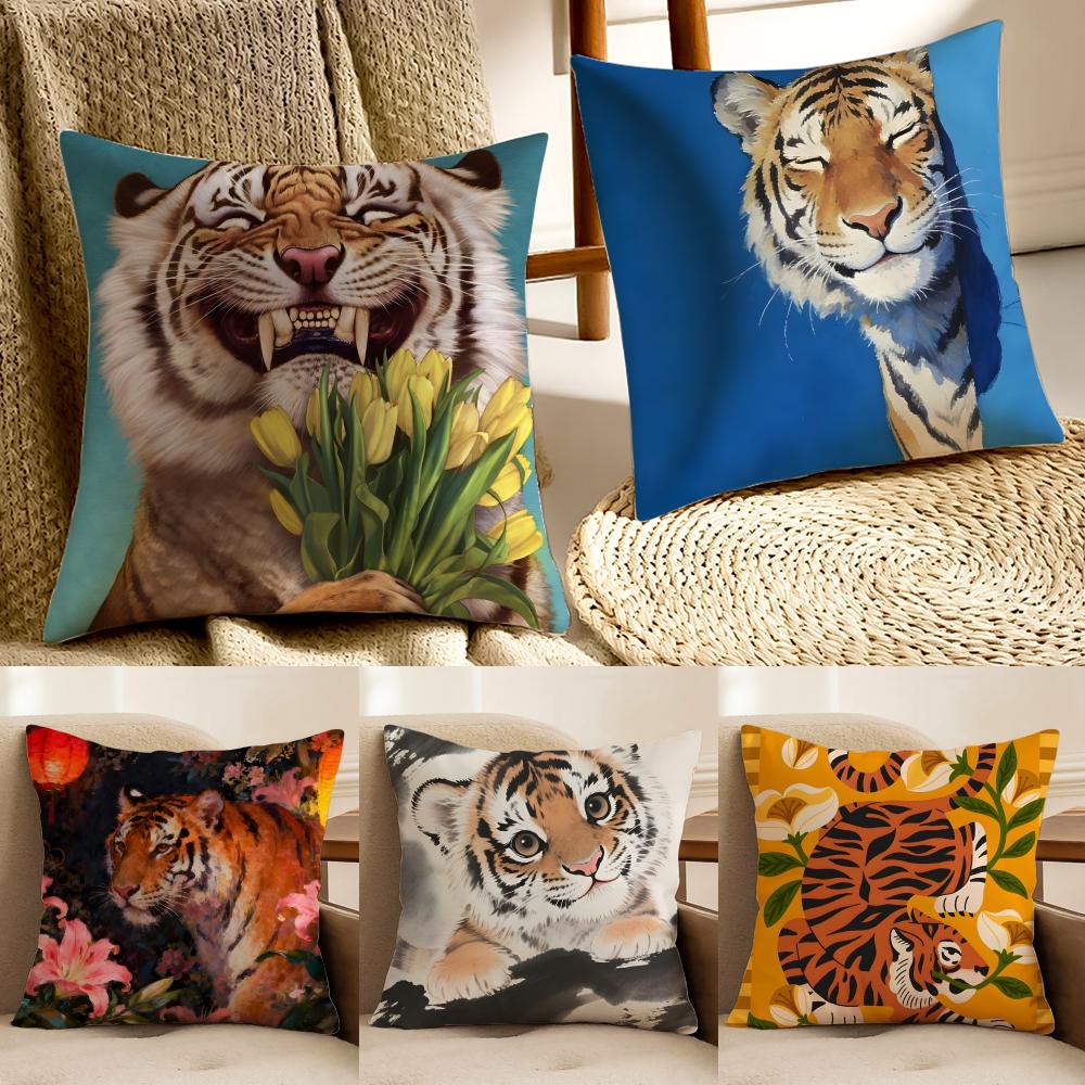 Cute Tiger Pillow Retro Painting Cushion Cushion Cover Pillowcase Antidustmite living Room Sofa Decor Cushion Room