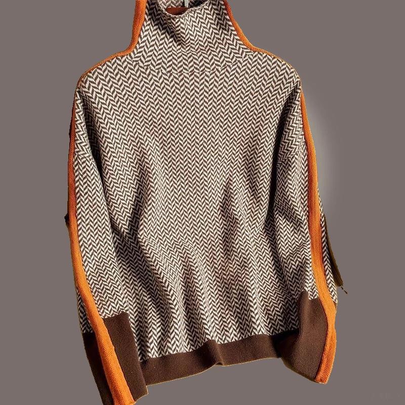 Lazy Loose Contrasting Color Sleeve All -wool High -necked Sweater Sweater Female Autumn and Winter Women