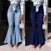 Womens Splice Button Zipper Pocket Jeans Casual Denim Flares Wide Leg Pants