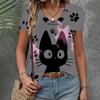 Женская одежда Футболка с V-образным вырезом, летняя свободная футболка с коротким рукавом и принтом кота, повседневная модная одежда, женская футболка, новая модель 2024 года