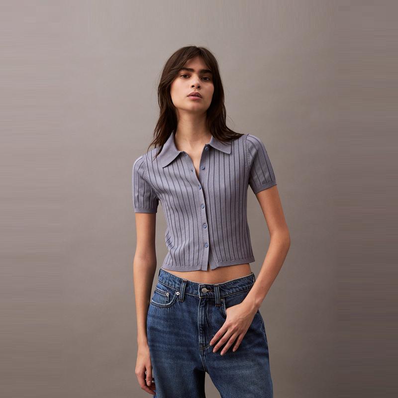 Calvin Klein Повседневный поло с полосатой текстурой, трикотажный топ с коротким рукавом, женские топы, темно-синий 47AB304-RLW