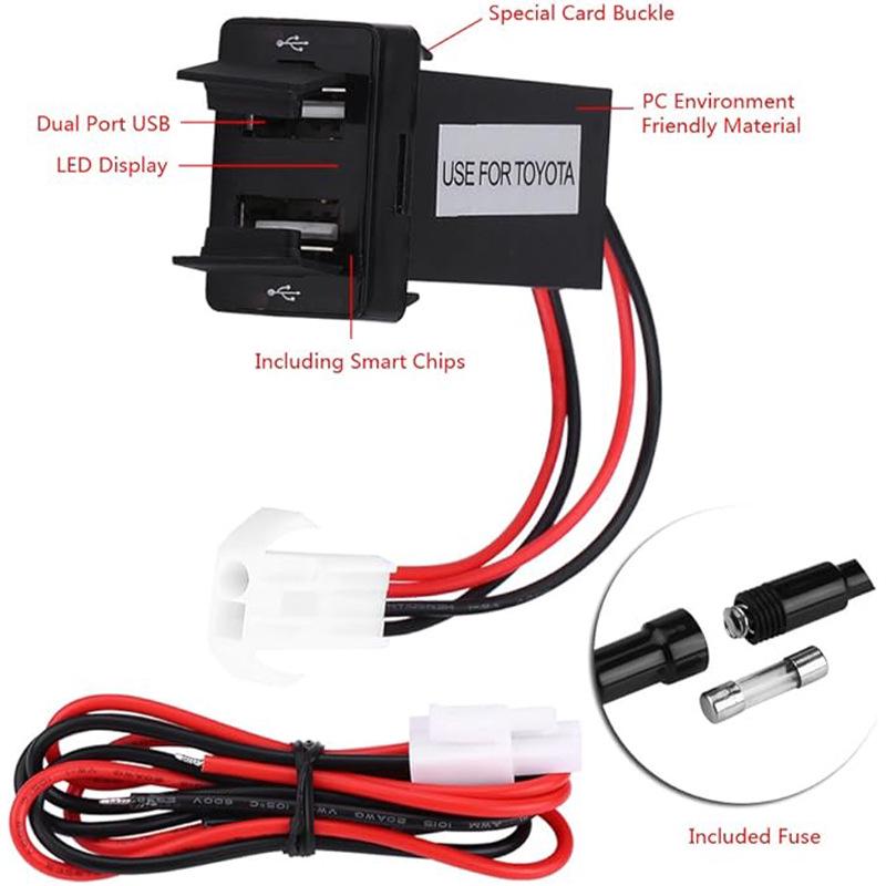 Toyota Dual USB Car Charger with Wiring & Blue Light (3.1A, 32x20mm)