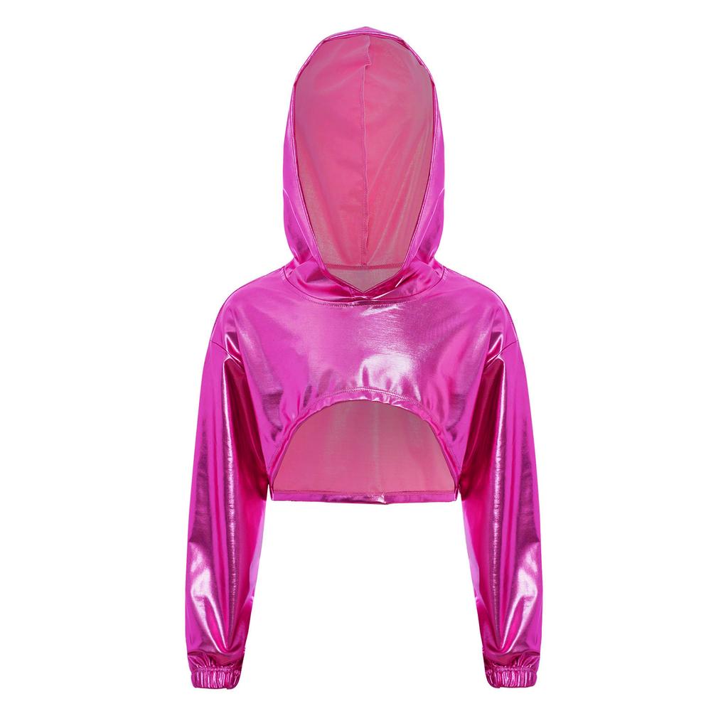 Худи для девочек в уличном стиле для танцев: Блестящий металлический укороченный топ с асимметричным подолом и длинными рукавами для соревнований