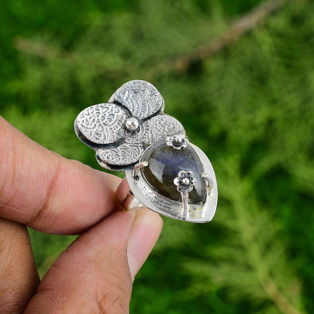 Labradorite Stone 925 Sterling Silver Flower Statement Anniversary Bezel Ring