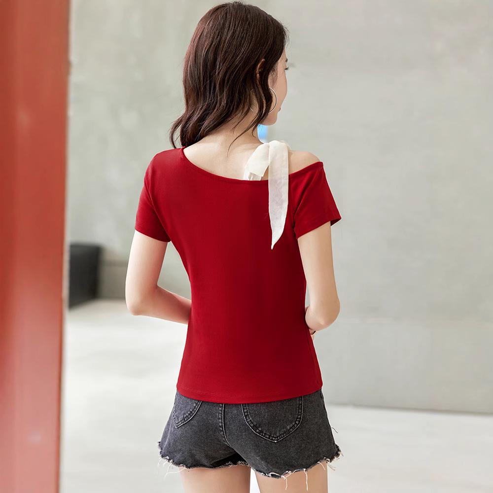2025 Sexy Korean Off-the-Shoulder Slimming T-Shirt - Women's Cotton Short Sleeve Top