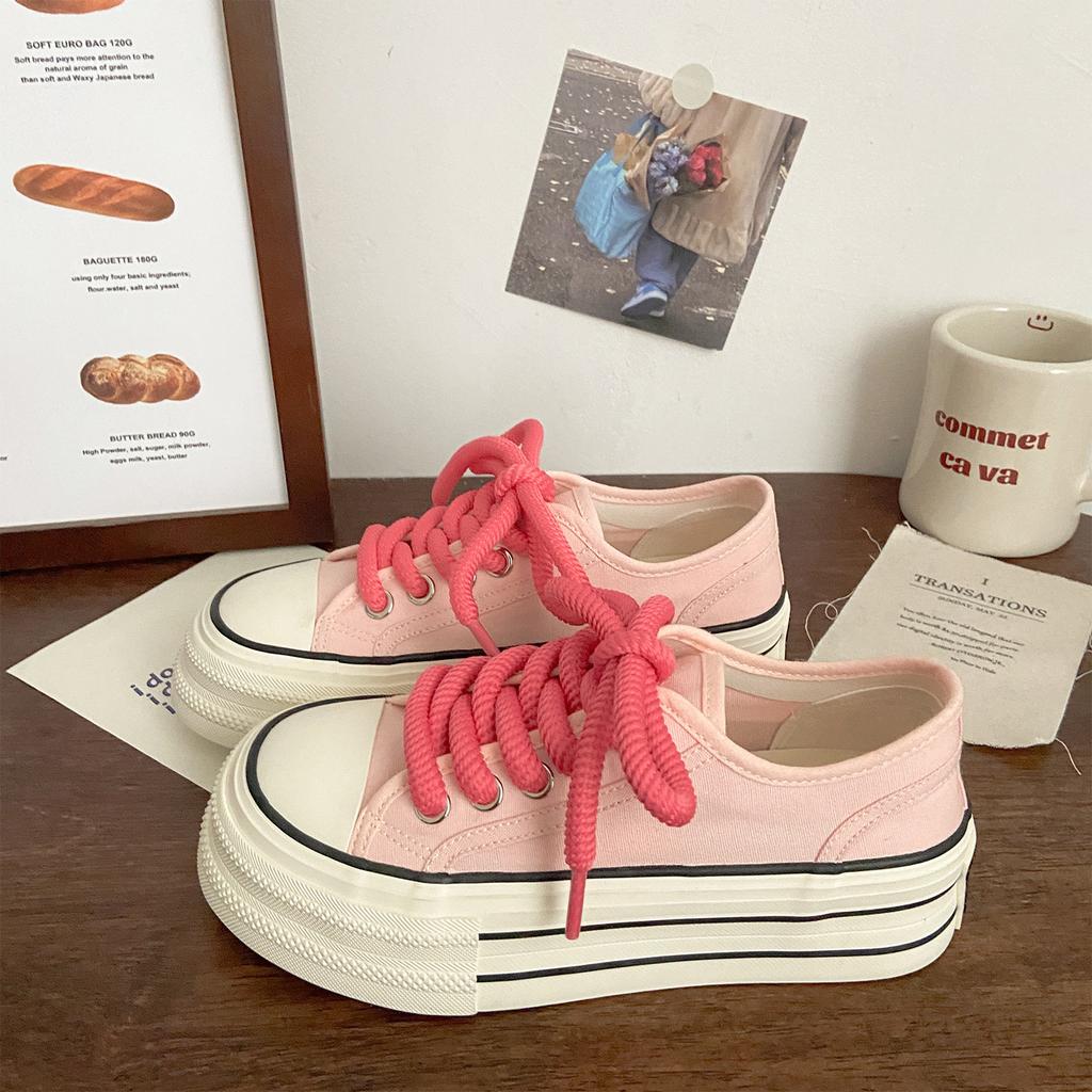 Cream Platform Canvas Shoes Women's Thin Summer New Trendy Niche Big Head Muffin Student White Shoes