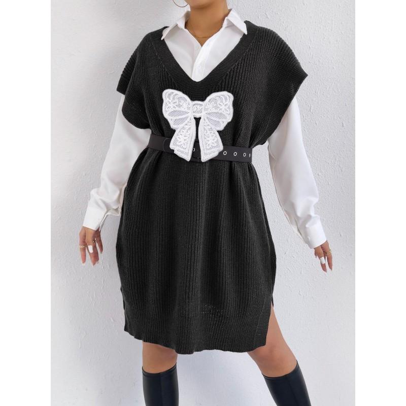Womens Loose Fit Sleeveless Knit Dress V-Neck Butterfly Embroidery Vest 2025 Winter