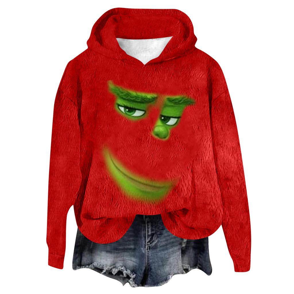 Women's Hooded Long Sleeve Christmas Printed Flannel Top Hooded Sweatshirt