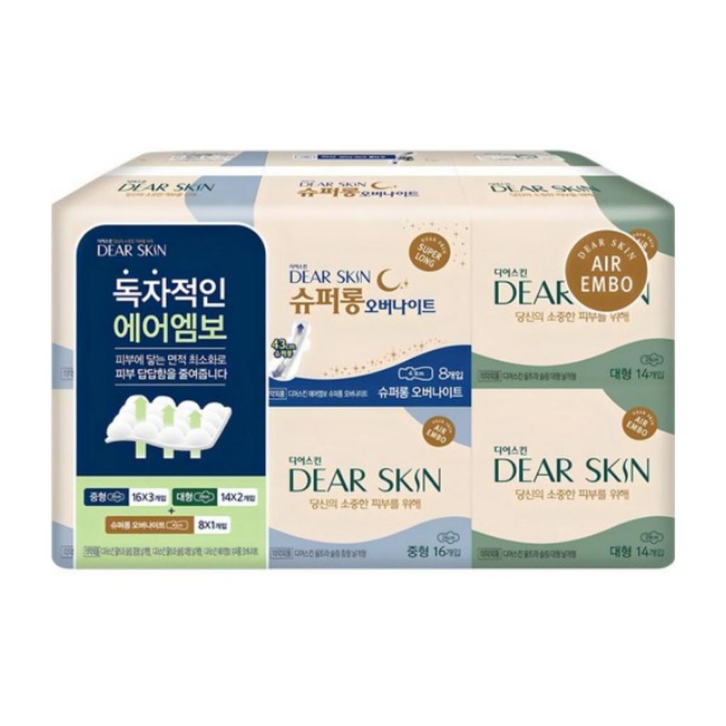 DearSkin Air Embo Winged Sanitary Pads Mixed Set — Medium (16 Pads × 3 Packs) + Large (14 Pads × 2 Packs) + Super Long (8 Pads × 1 Pack), 1 Set