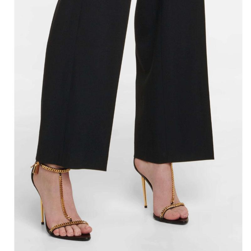 Мода Мода Минималистичная Золотая Цепь Навесной Замок Босоножки на Высоком Каблуке Европейский Американский Сексуальный Тонкий Каблук Открытый Носок Металлическая Цепь Заостренный Носок Высокие Каблуки