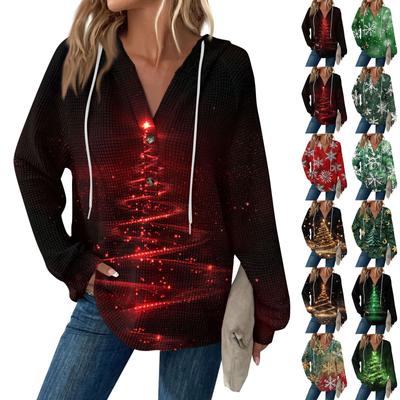 Женская мода с длинным рукавом, завязками на шнурке, капюшоном, пуговицами, V-образным вырезом, повседневная толстовка с капюшоном и рождественским принтом