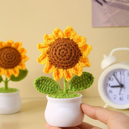 Вязаный подсолнух ручной работы, декор для горшка, вязаный крючком, шерстяной цветок, украшение стола, дом