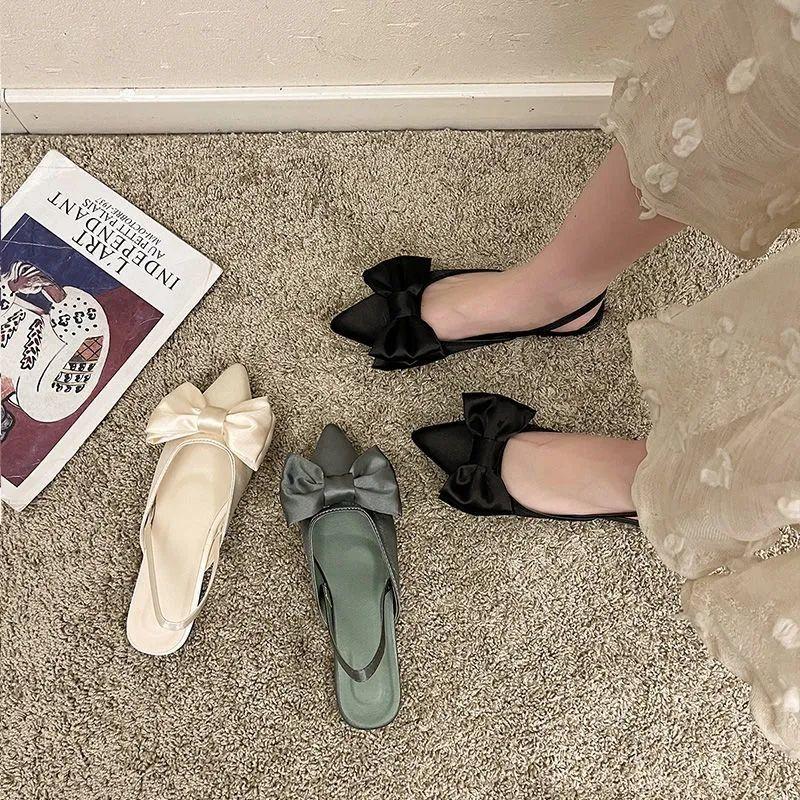 Модные женские сандалии без каблука с острым носком на плоской подошве из резины, закрытые, лето 2024 г., женская обувь с бантом, трендовая повседневная обувь по акции, обувь Vip H